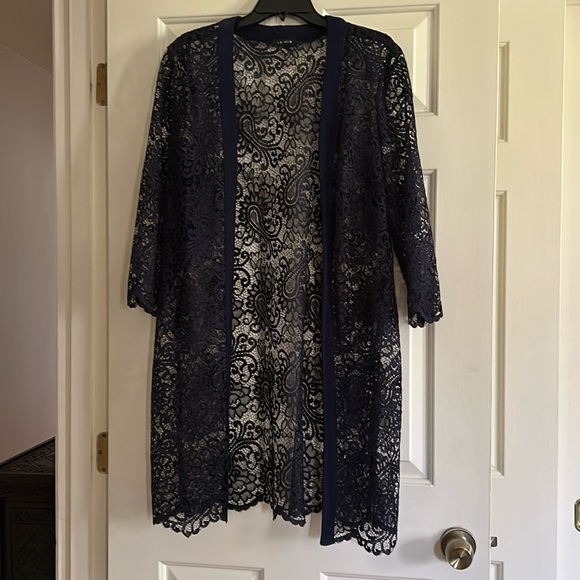 Le Bos Navy Blue Lace Duster Open Front Cardigan Cover Up Plus Size 16 - Picture 1 of 6